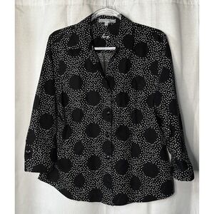 Foxcroft Shirt Sz 14 Black White Dots Shaped Fitted Wrinkle Free 3/4 Sleeve